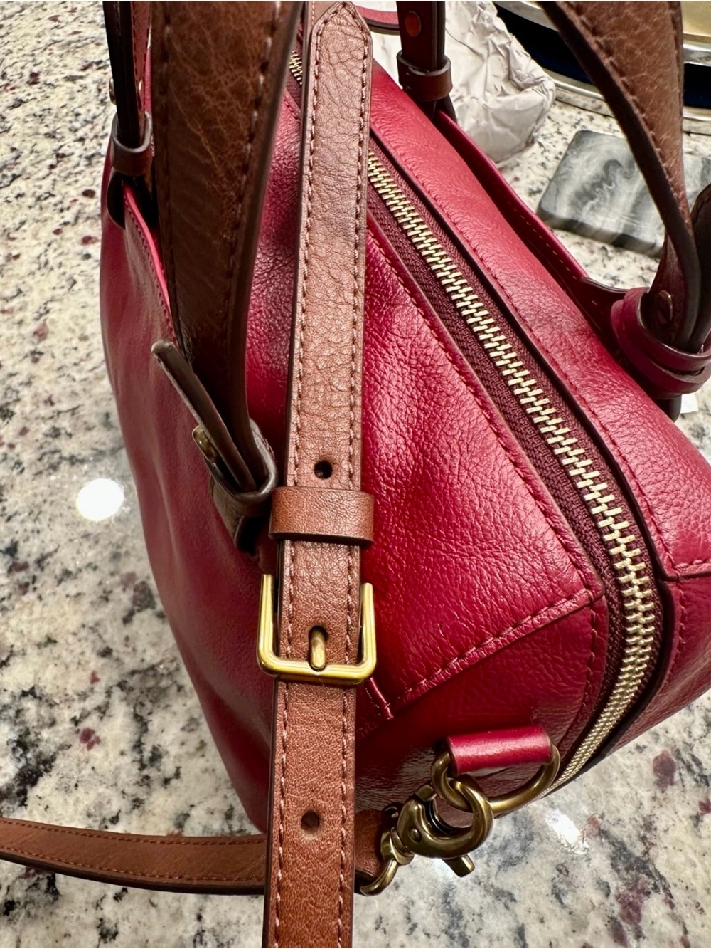 Fossil Red Leather Satchel with Brown Handles, New without tags - Picture 10 of 11